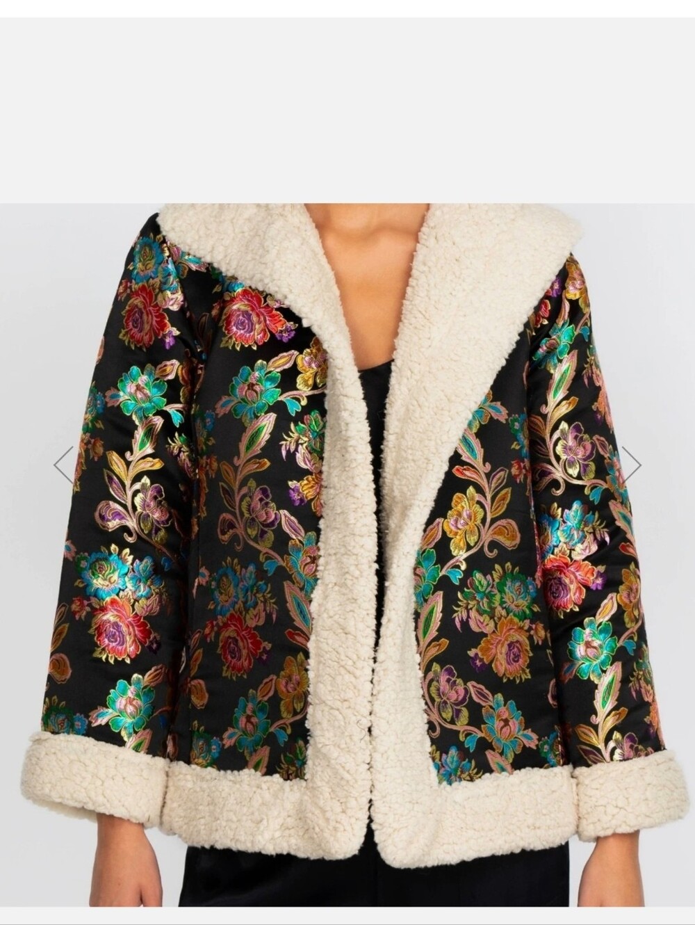 New Johnny Was Biya Black Floral Embroidery Brocade Sherpa Jacket XL XXL $450